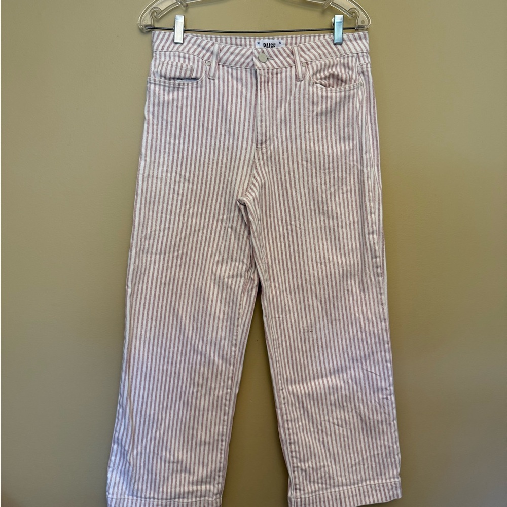 PAIGE Pink and White Striped Straight Leg Jeans